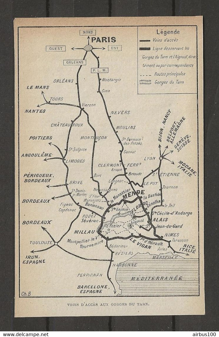 CARTE PLAN 1914 - VOIES D'ACCES Aux GORGES Du TARN - PARIS NEVERS MENDES BARCELONE - Cartes Topographiques