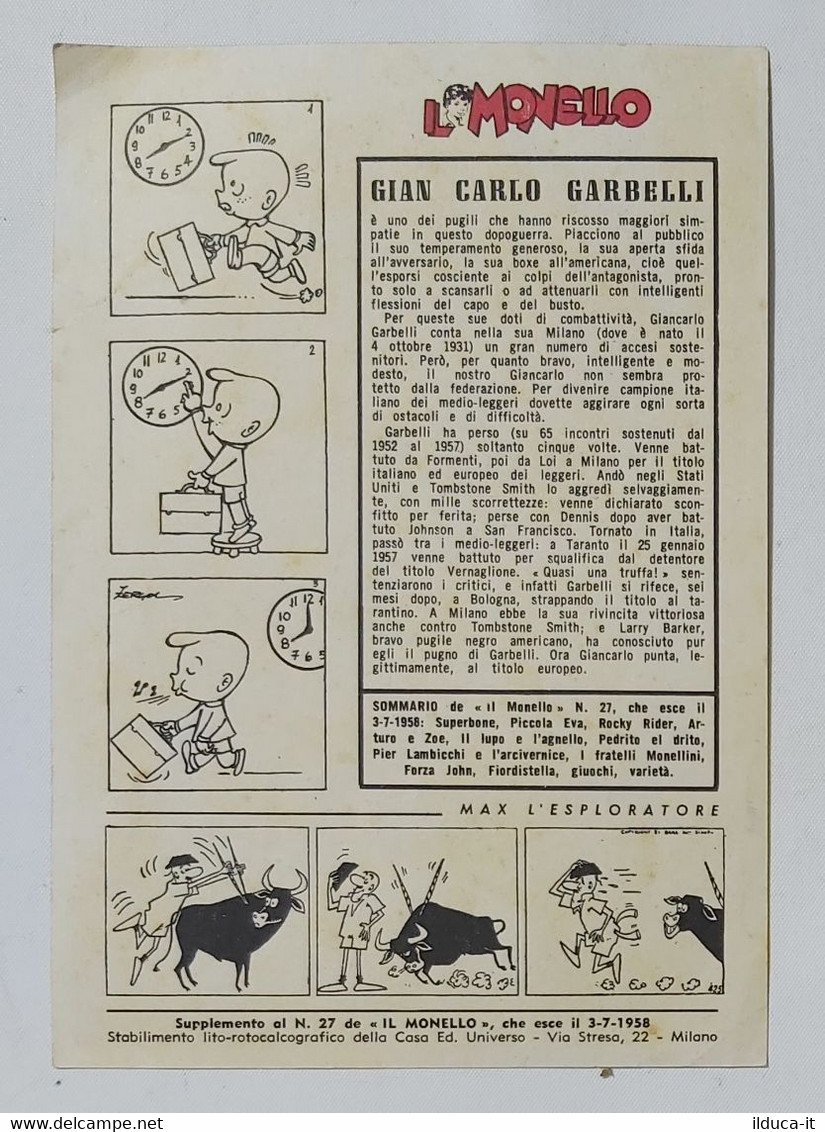 82789 188crt/ - Suppl. IL MONELLO 1958 - Gian Carlo Garbelli (pugile) Cm 17x12 - Other & Unclassified