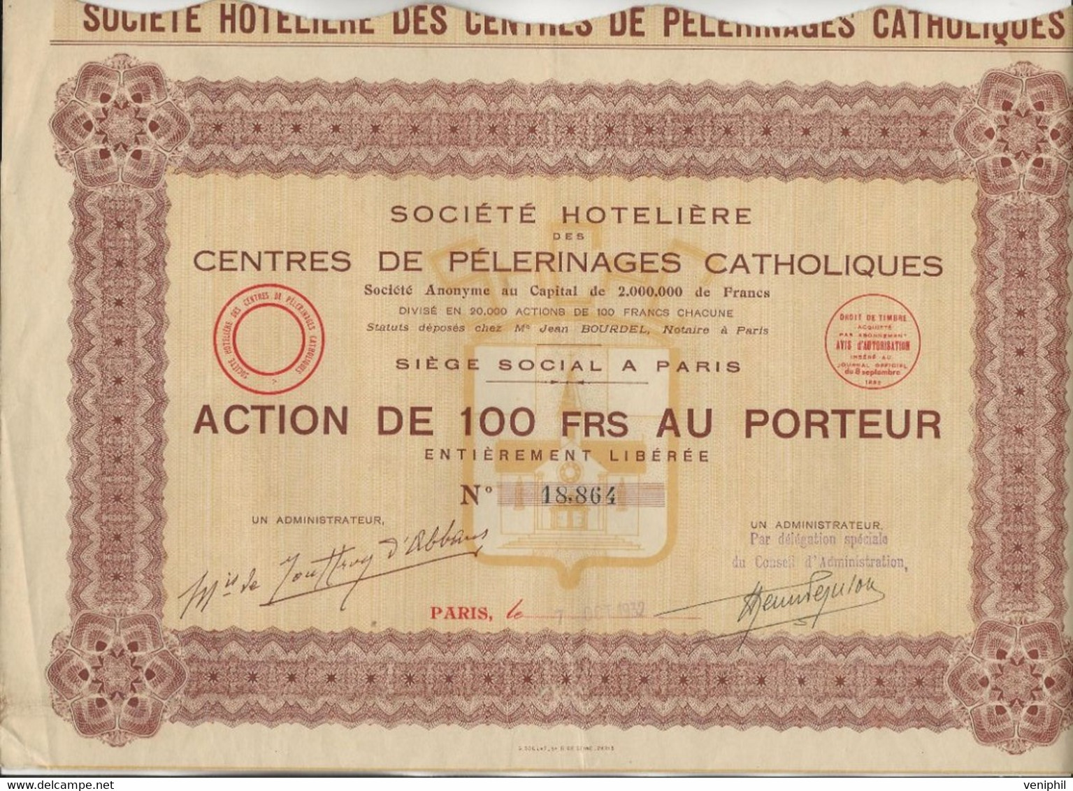 SOCIETE HOTELIERE DES CENTRES DE PELERINAGES CATHOLIQUES -ACTION DE 100 FRS -ANNEE 1932 - Turismo