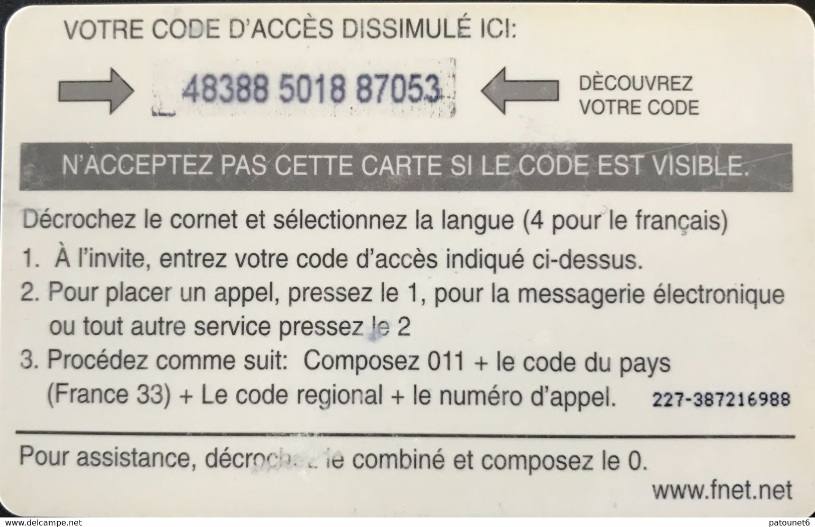 FRANCE  -  ARMEE  -  Prepaid  -  FNET CORP - $ 20 -  Cartes à Usage Militaire