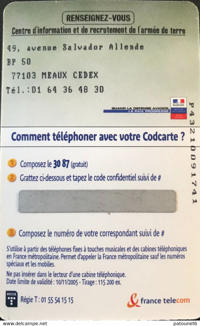 FRANCE  -  ARMEE  -  COD Carte - France Telecom  - MEAUX - 10 Mn Offert - Militares