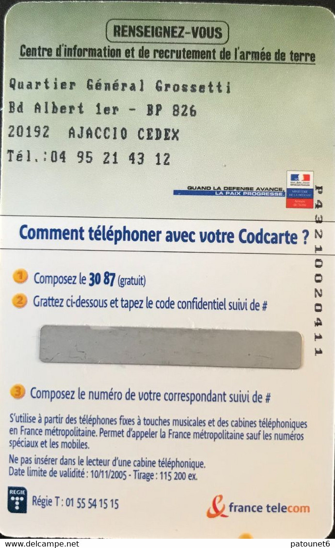 FRANCE  -  ARMEE  -  COD Carte - France Telecom  - AJACCIO -  10 Mn Offert - Military Phonecards