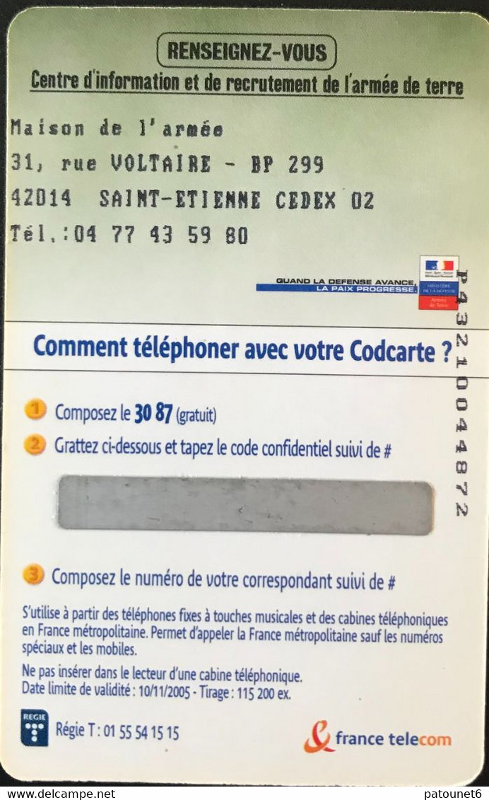 FRANCE  -  ARMEE  -  COD Carte - France Telecom  -  SAINT-ETIENNE - 10 Mn Offert -  Cartes à Usage Militaire