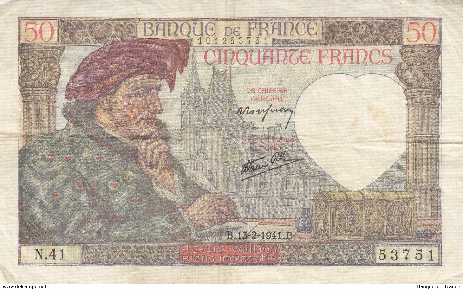 Billet 50 F Jacques Coeur Du 13-2-1941 FAY 19.06 Alph. N.41 DATE RARE - 50 F 1940-1942 ''Jacques Coeur''