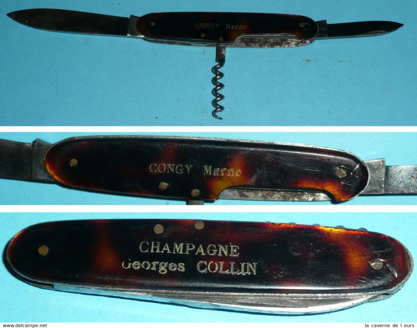 Rare Couteau Publicitaire Multifonctions, Champagne Georges COLLIN Congy Marne, Tire-bouchon - Coltelli