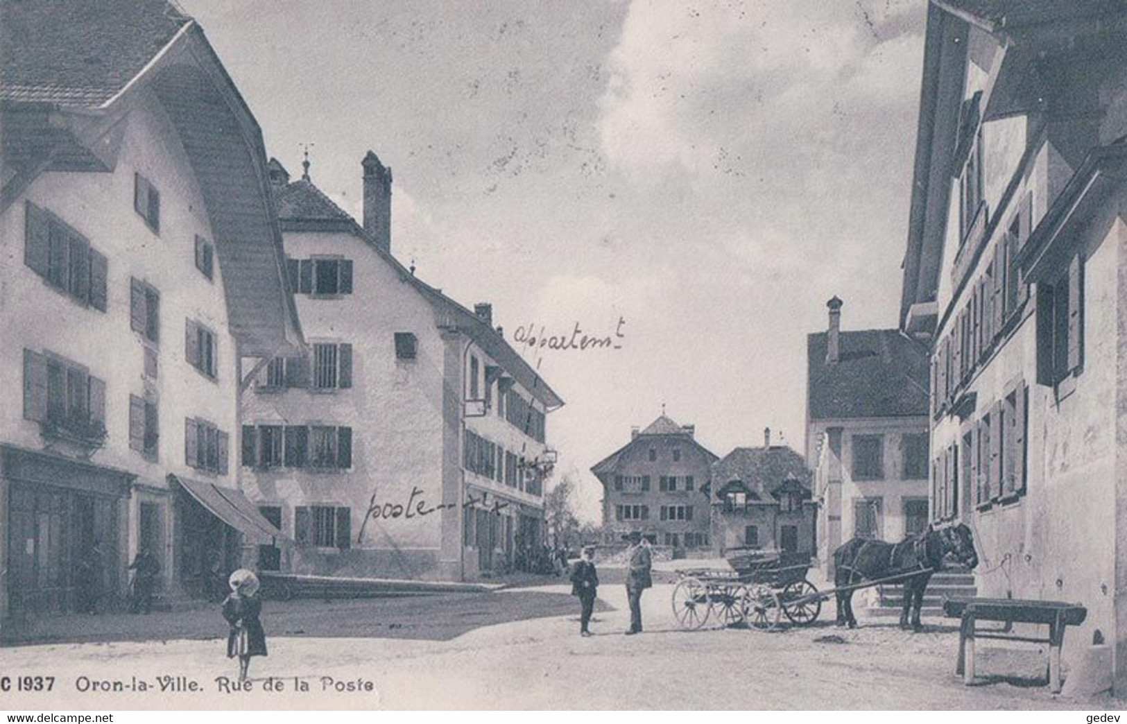 Oron La Ville, Bureau De Poste, Rue Animée Et Attelage D'un Cheval (1937) - Oron