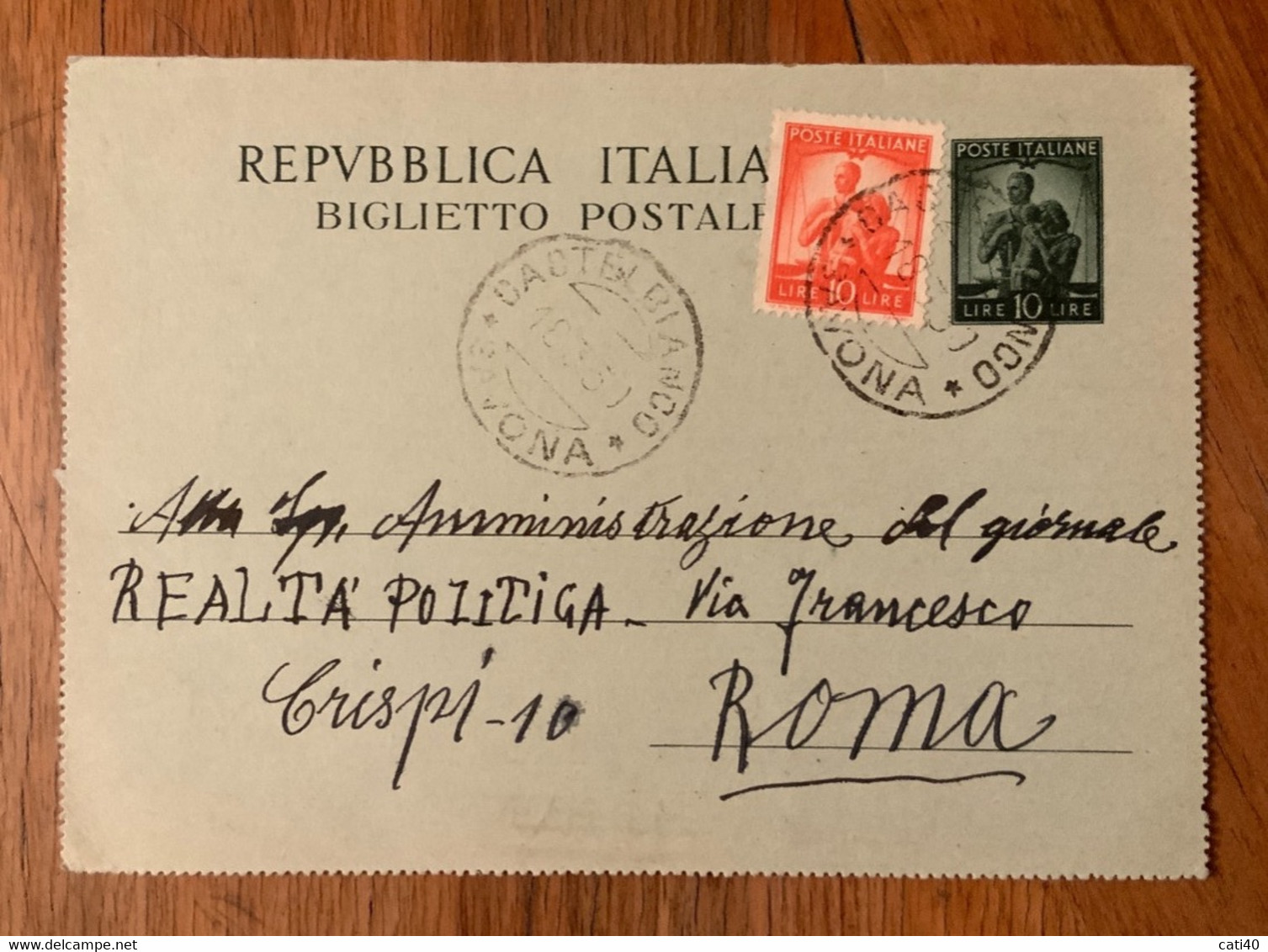 REPUBBLICA - BIGLIETTO POSTALE L. 10 +10 L. DEM. DA  CASTELBIANCO *SAVONA*  17/3/50 - Interi Postali