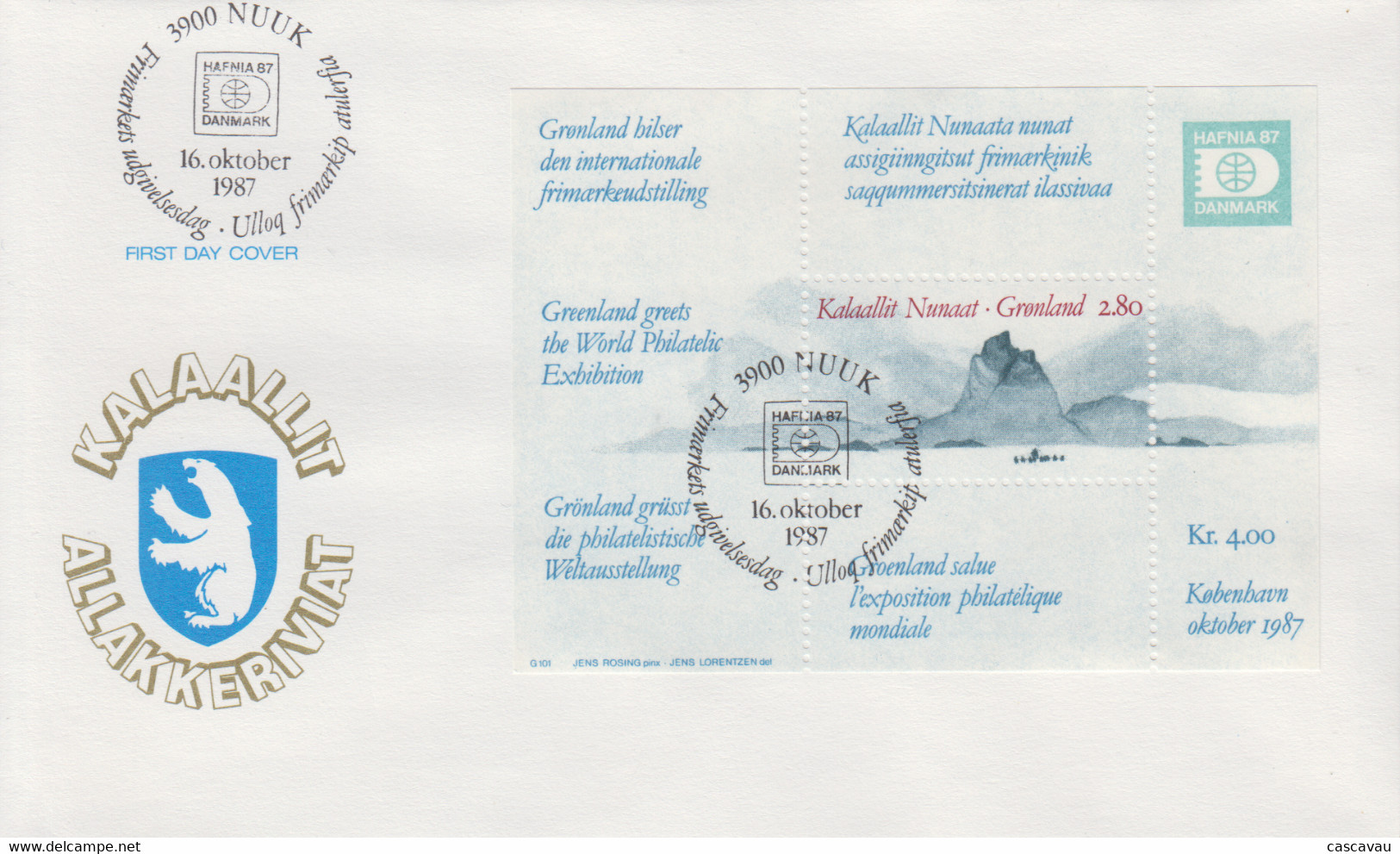 Enveloppe  FDC  1er  Jour  GROENLAND   Bloc  Feuillet   HAFNIA   1987 - FDC