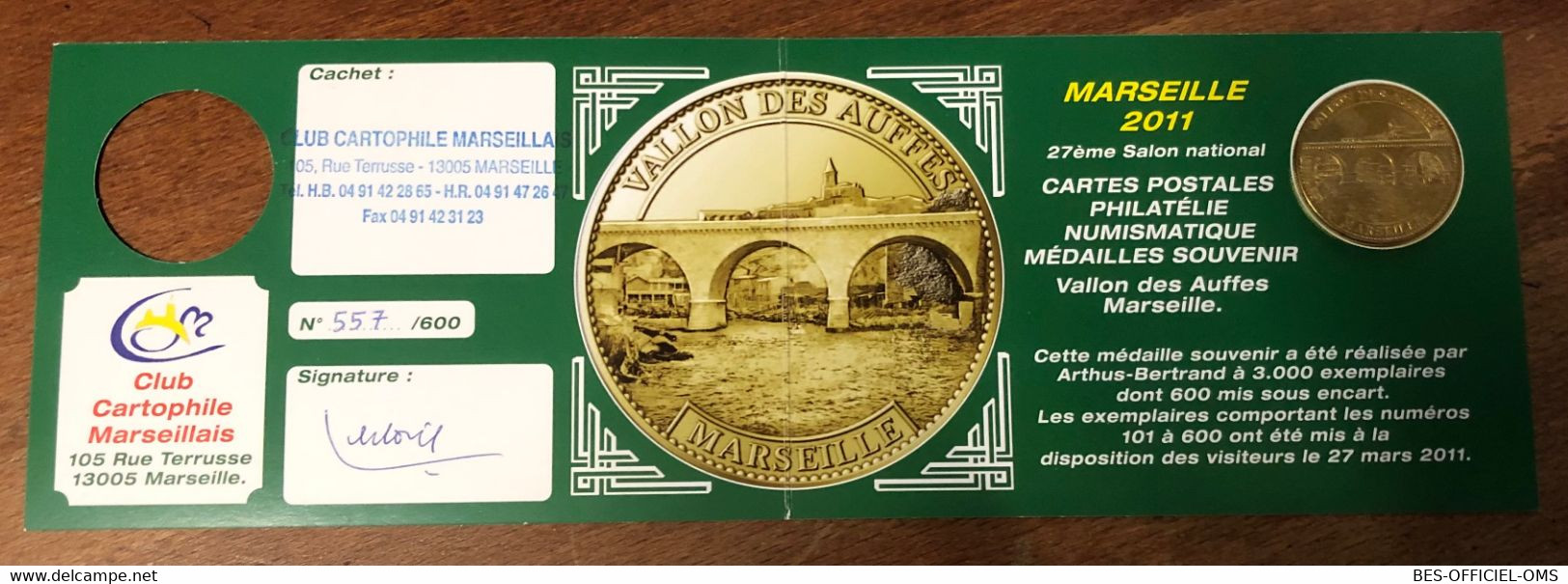 13 MARSEILLE VALLON DES AUFFES ENCART AB 2011 MÉDAILLE TOURISTIQUE ARTHUS-BERTRAND JETON MEDALS COINS TOKENS - 2011