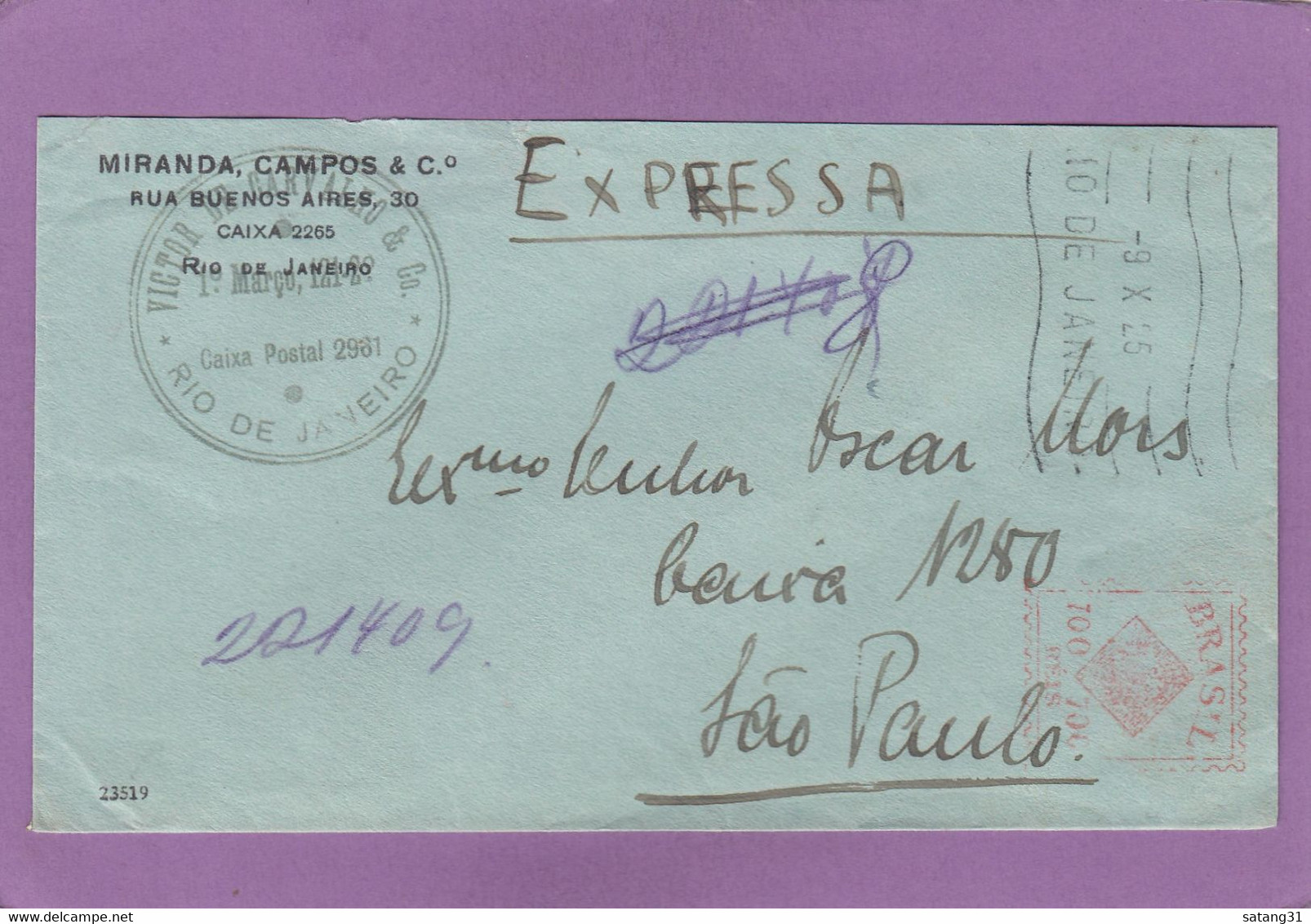 LETTRE PAR EXPRESS AVEC EMA DE RIO DE JANEIRO POUR SAO PAULO,1925. - Lettres & Documents