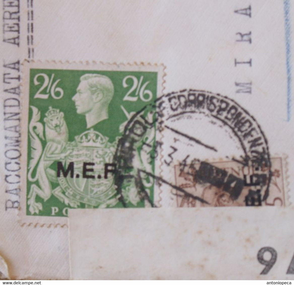 ITALIA COLONIE OCCUPAZIONE INGLESE, RACCOMANDATA CON MEF 2,6 VERDE GIALLO E 5 PENCE  BRUNO - British Occ. MEF