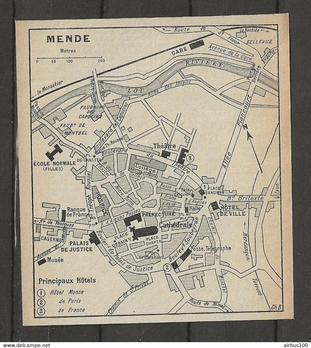 CARTE PLAN 1914 - MENDE - HOTEL MANSE - HOTEL De PARIS - HOTEL De FRANCE - TÉLÉGRAPHE - Cartes Topographiques