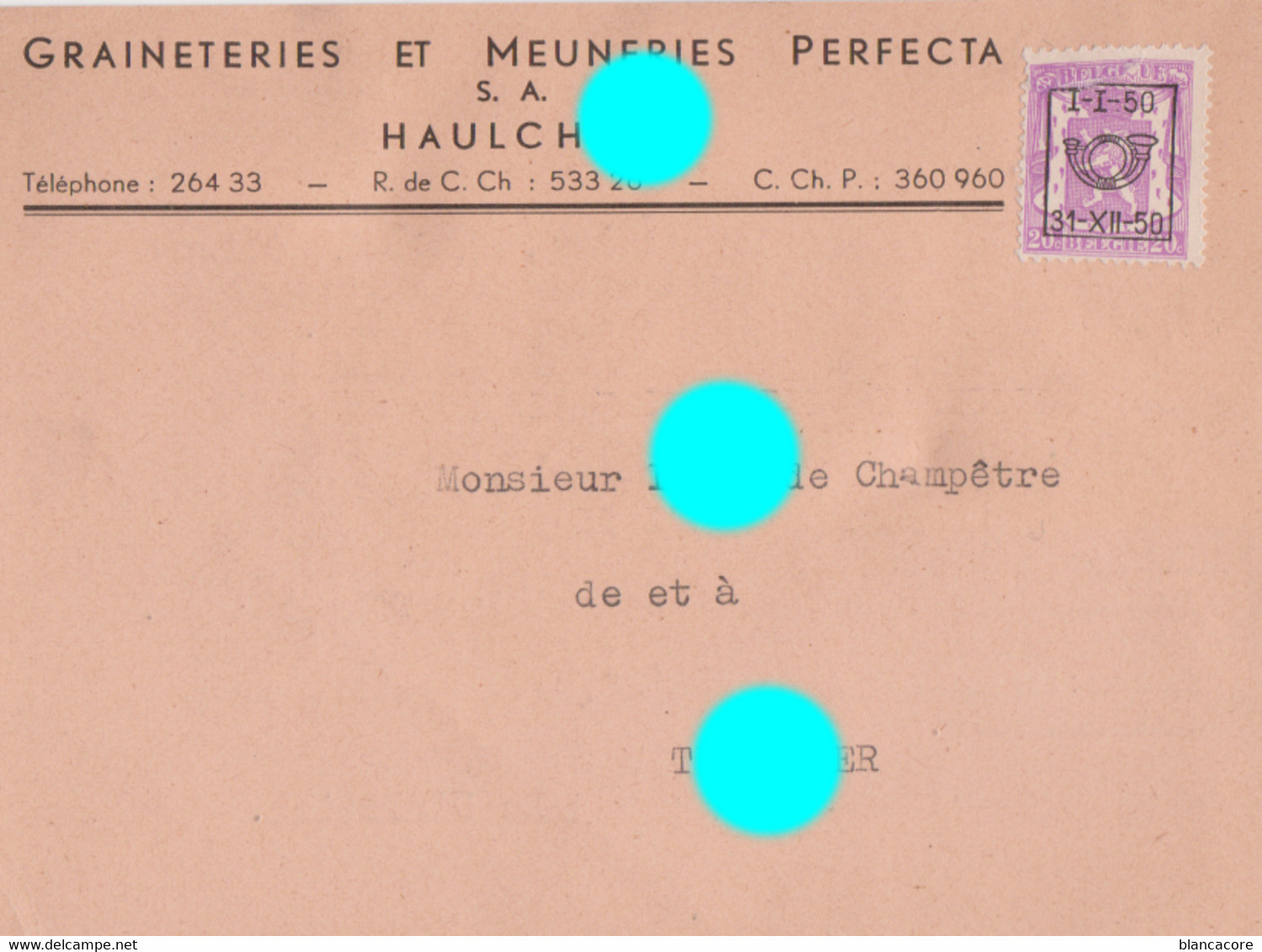 HAULCHIN ( Estinnes ) 1950 Carte Correspondance  Graineteries & Meuneries - Estinnes