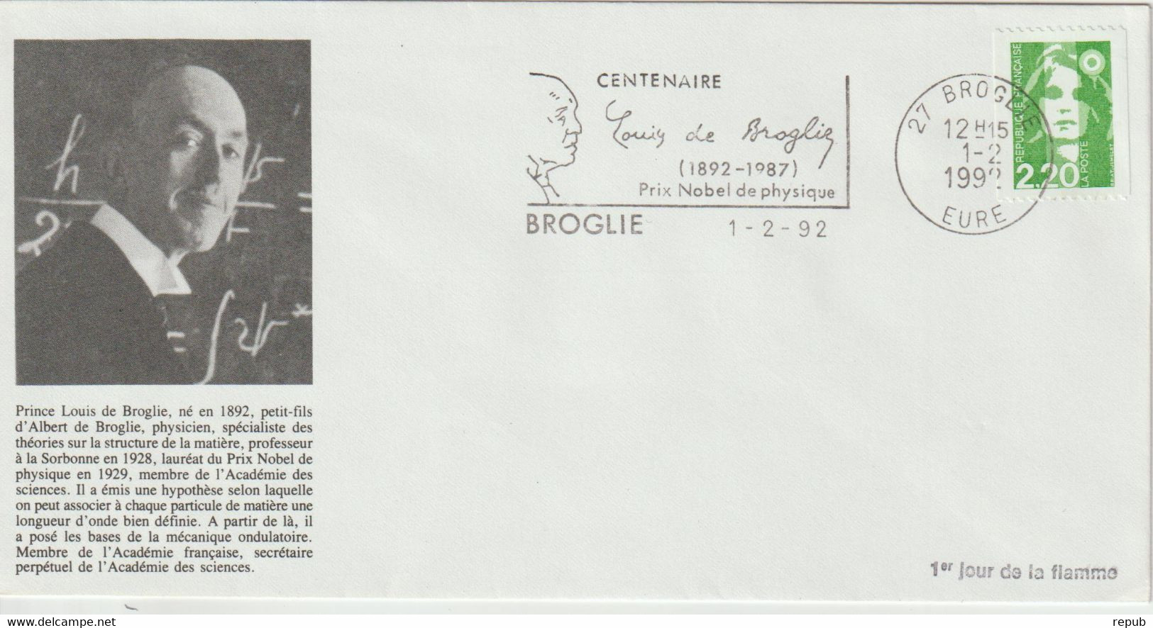 France Flamme Temp. Louis De Broglie Broglie 1992 Sur Env. Illustrée - 1961-....