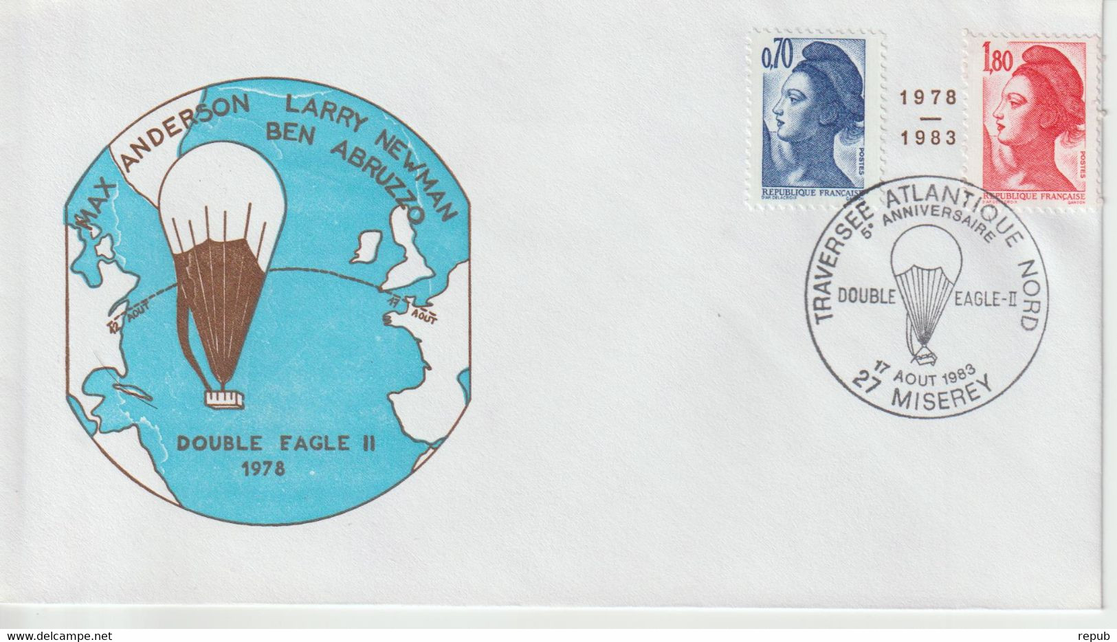 France 1983 5ème Anniversaire De La Traversée De L'atlantique En Ballon Miserey (27) - Gedenkstempels