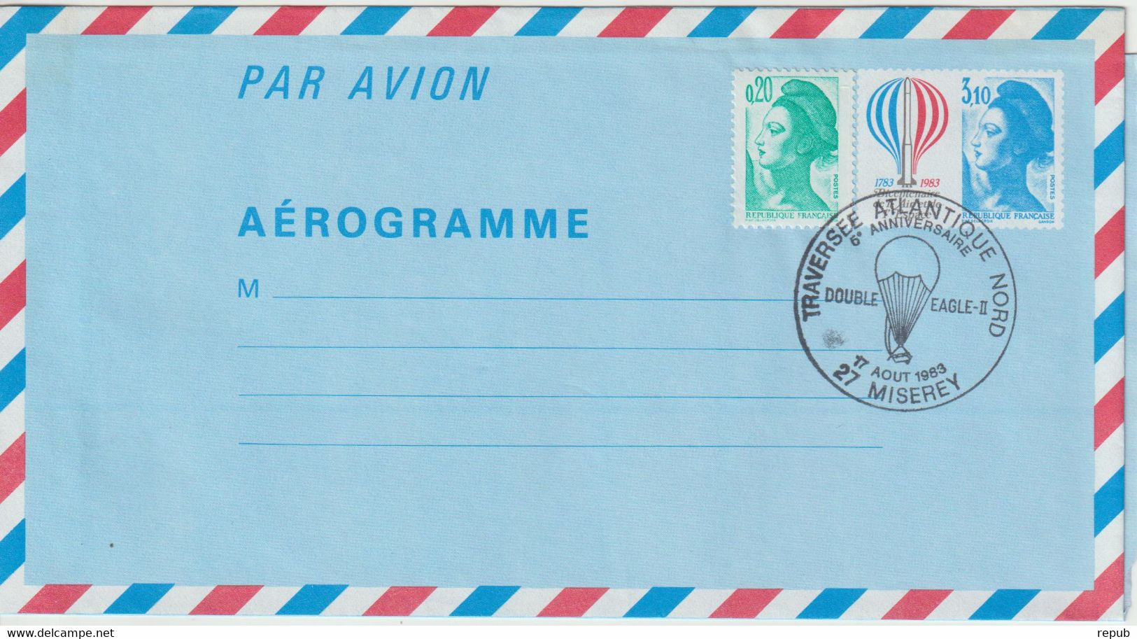 France 1983 5ème Anniversaire De La Traversée De L'atlantique En Ballon Miserey (27) - Gedenkstempel