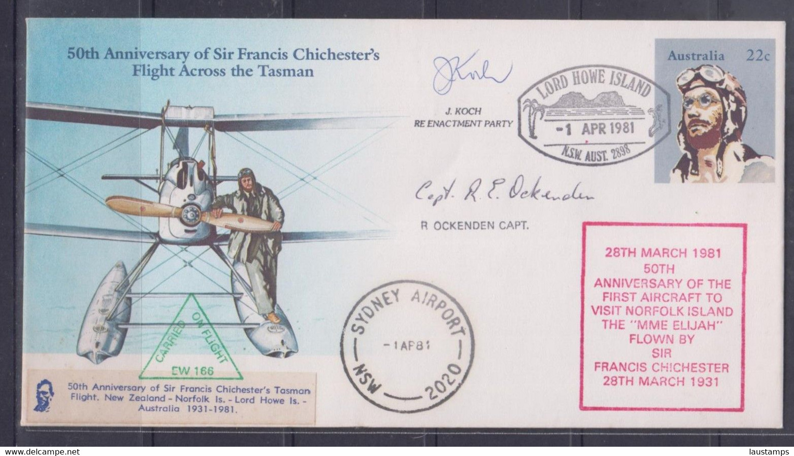 Australia 50th Anniversary Of Sir Francis Chichester's Flight Across The Tasman Signed Flight Cover - Avions