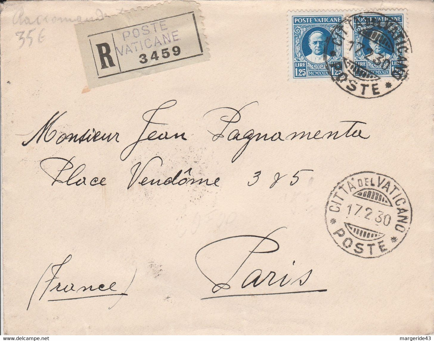 VATICAN AFFRANCHISSEMENT COMPOSE SUR LETTRE RECOMMANDEE POUR LA FRANCE 1930 - Lettres & Documents