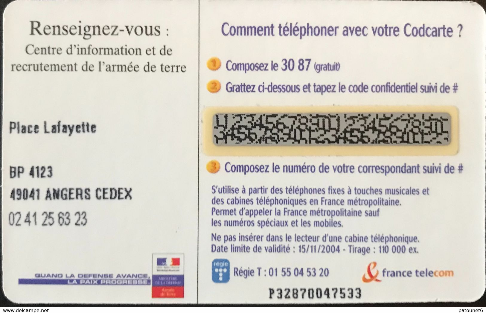 FRANCE  -  ARMEE  - COD Carte - Ville D'ANGERS  -  5 Mn Tel Offert - Military Phonecards