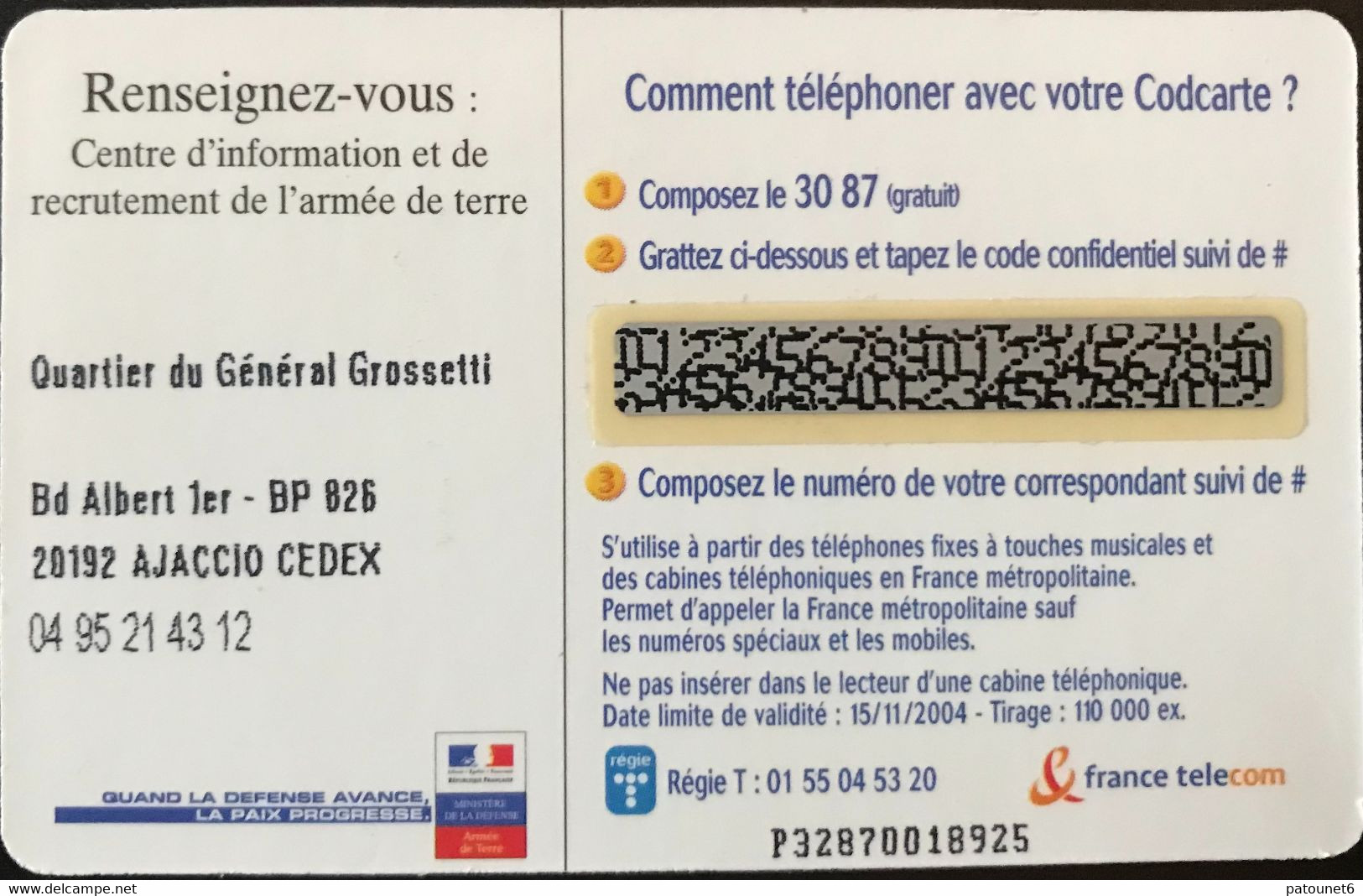 FRANCE  -  ARMEE  - COD Carte  -  Ville D'AJACCIO  -  5 Mn Tel Offert - Military Phonecards