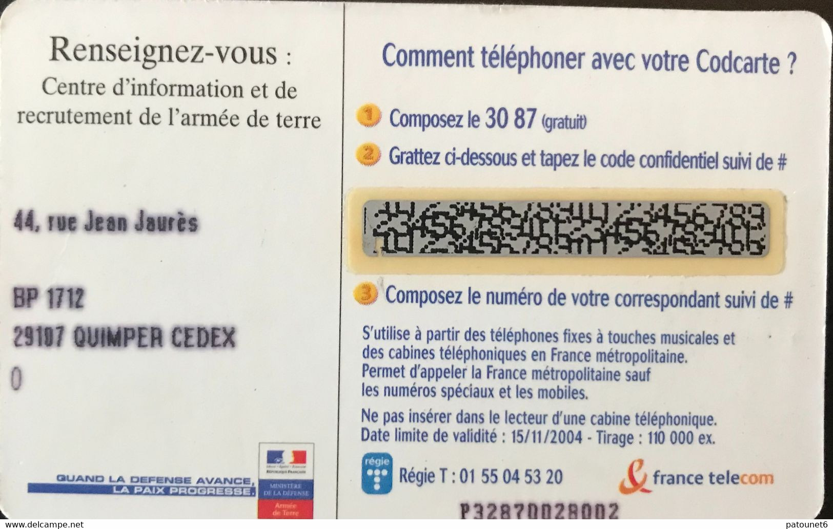 FRANCE  -  ARMEE  - COD Carte  -  Ville De QUIMPER  -  5 Mn Tel Offert - Military Phonecards