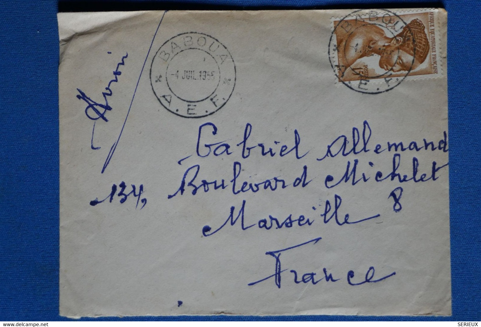 AD6 AEF   BELLE   LETTRE  1955  PETIT BUREAU BABOUA  POUR MARSEILLE FRANCE  ++ AFFRANCH. INTERESSANT - Cartas & Documentos