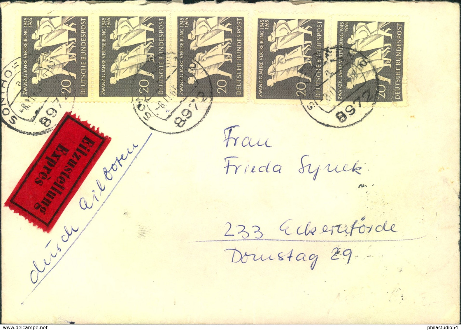 1965, Eilbrief Ab SONTHOFEN Mit 20 Pfg. Flüchtlingsmarke In 5.er.Streife - Autres & Non Classés