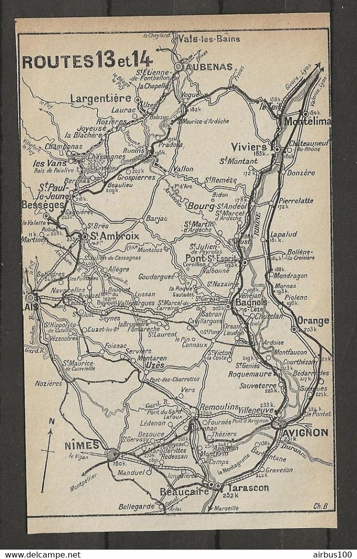 CARTE PLAN 1914 - ITINÉRAIRE - AUBENAS LARGENTIERES St AMBROIX VIVIERS ORANGE AVIGNON NIMES - Cartes Topographiques