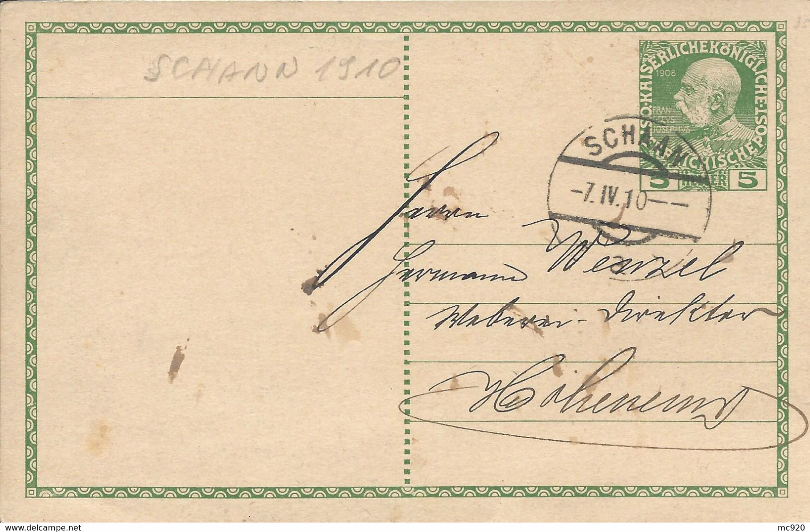 Liechtenstein Entier Postal Ganzsache Carte Postale Postkart Autriche 5H. Oblitération Schaan 1910 - Entiers Postaux