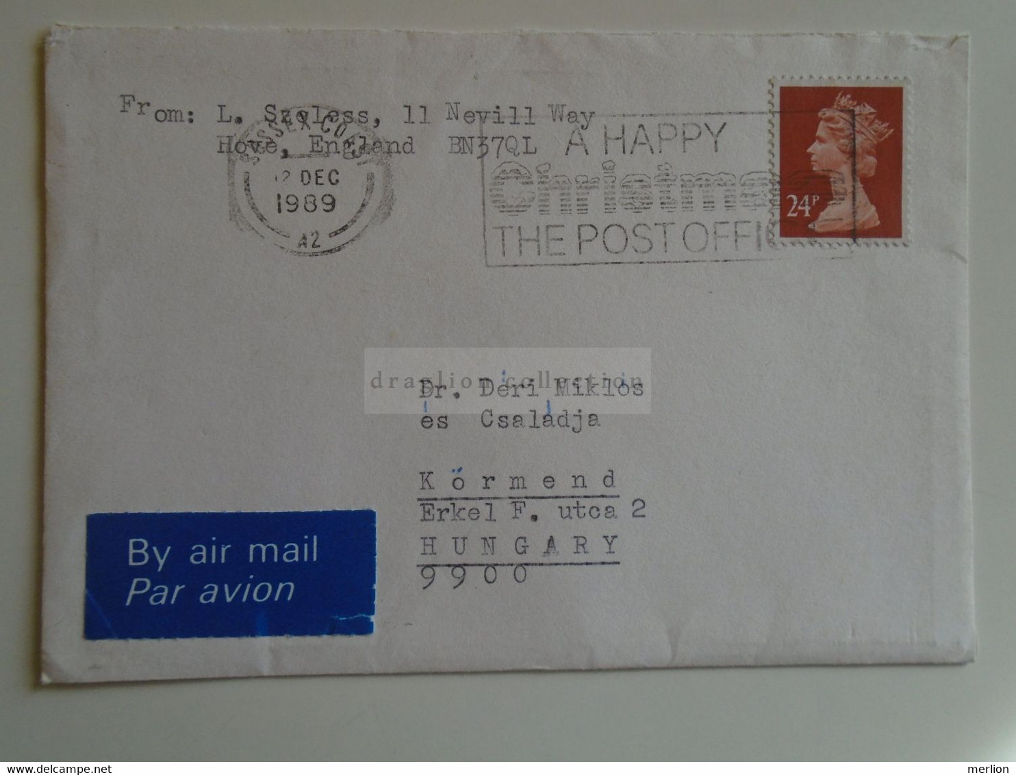 D184926   GB  -COVER  A Happy Christmas -The Post Office -  Pmk.  - 1989 Sussex Coast    -sent To Hungary - Covers & Documents