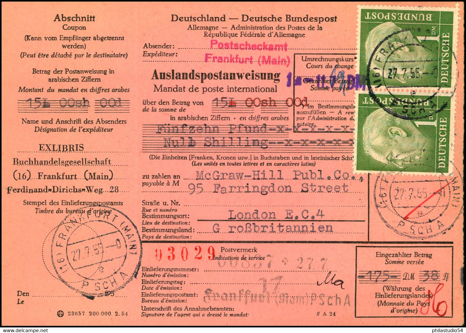 1955: Auslandspostanweisung Mit Waagerechtem Paar 1 DM Heuss Ab FRANKFURT (MAIN) P SCH A 27.7.55. Sehr Seltene Verwendun - Other & Unclassified