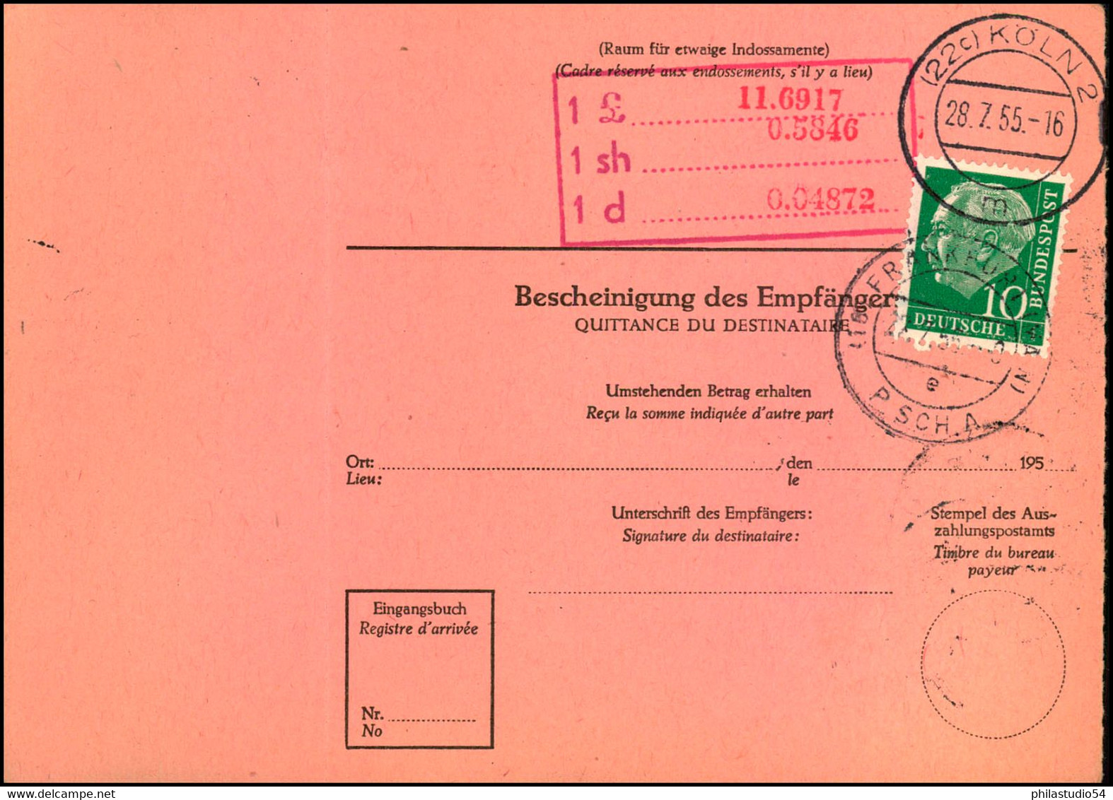 1955: Auslandspostanweisung Mit Waagerechtem Paar 1 DM Heuss Ab FRANKFURT (MAIN) P SCH A 27.7.55. Sehr Seltene Verwendun - Other & Unclassified