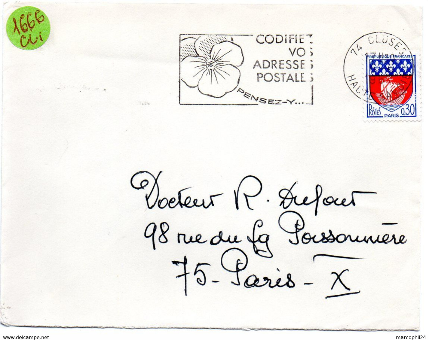 SAVOIE / HAUTE Dépt N° 74 = CLUSES 1967 = FLAMME Codée =  SECAP Multiple ' PENSEZ + CODIFIEZ' = Pensée N° 1 - Codice Postale