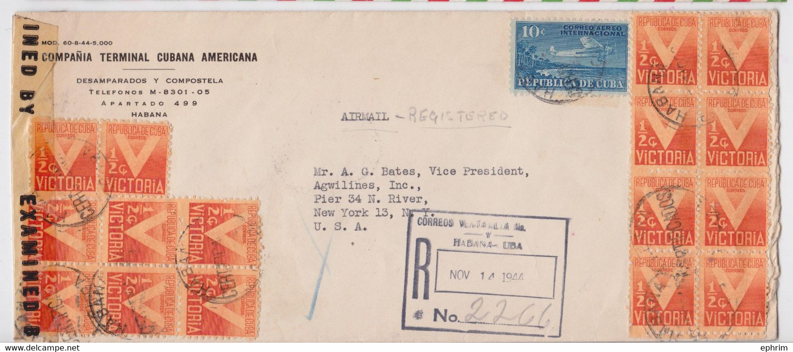 CUBA HABANA WW2 WAR REGISTERED CENSOR AIR MAIL COVER VICTORIA STAMP ENVELOPPE TIMBRE GUERRE VICTOIRE CENSURE 1944 - Brieven En Documenten