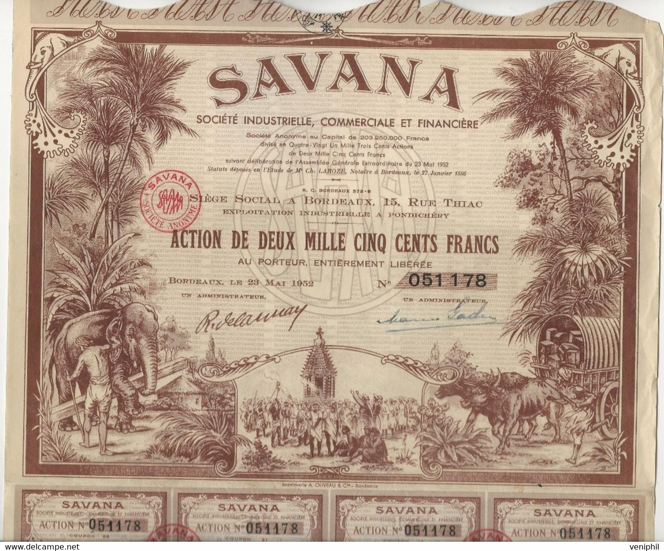 SAVANA -  SOCIETE INDUSTRIELLE,COMMERCIALE ET FINANCIERE - TRES BELLE ACTION ILLUSTREE 2500 FRS - ANNEE 1952 - Africa