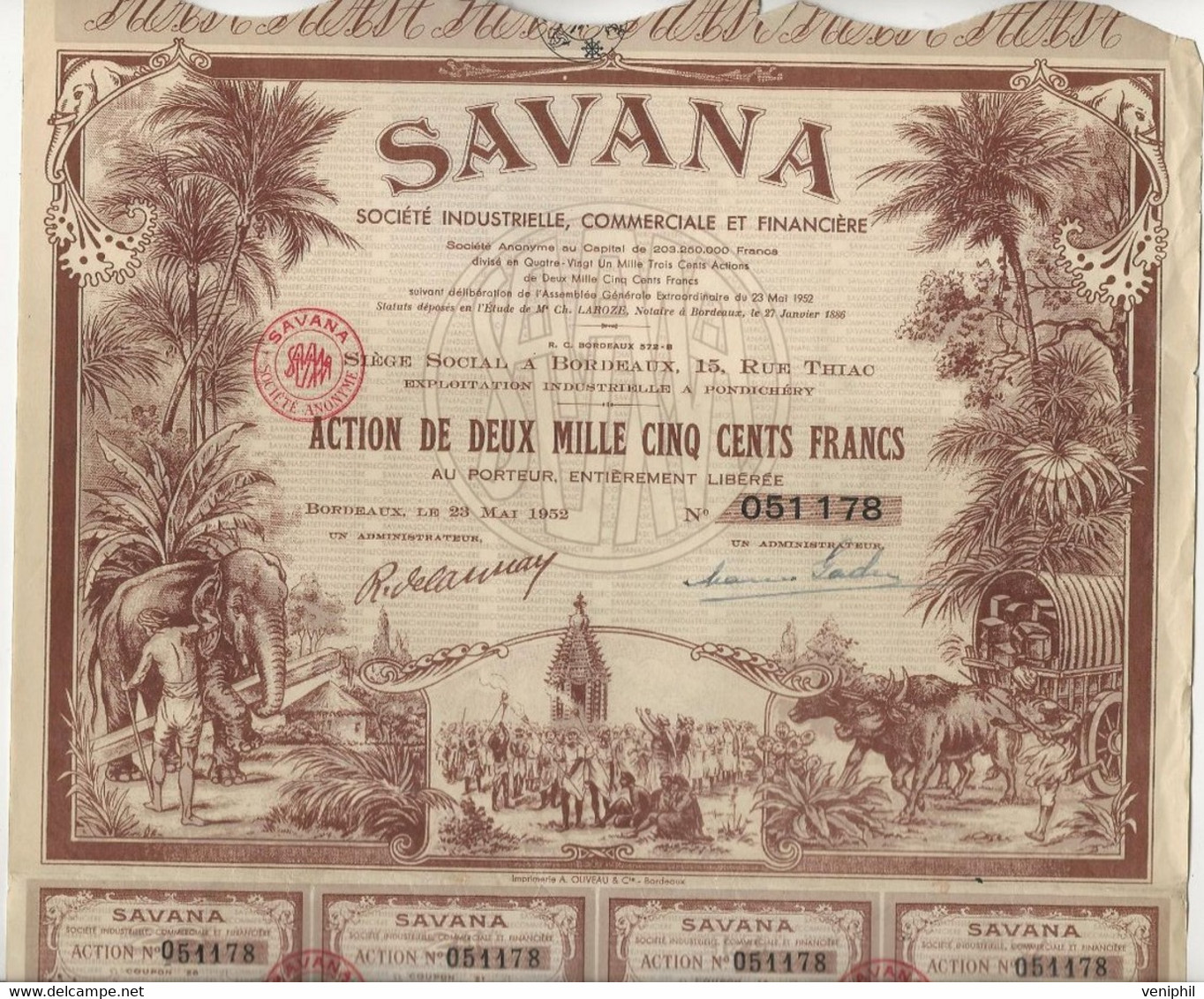 SAVANA -  SOCIETE INDUSTRIELLE,COMMERCIALE ET FINANCIERE - TRES BELLE ACTION ILLUSTREE 2500 FRS - ANNEE 1952 - Afrique