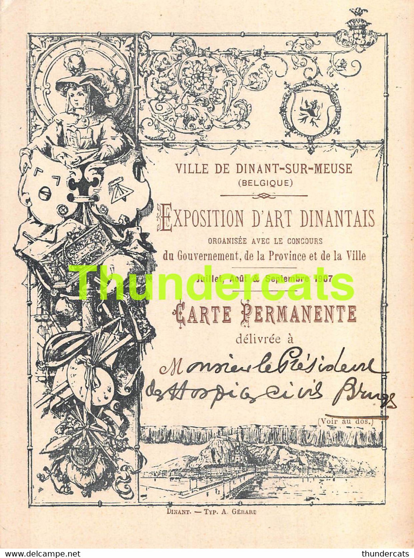 DINANT CARTE D'EXPOSANT EXPOSITION D'ART DINANTAIS  1907 HOSPICES CIVILS BRUGES BRUGGE - Dinant