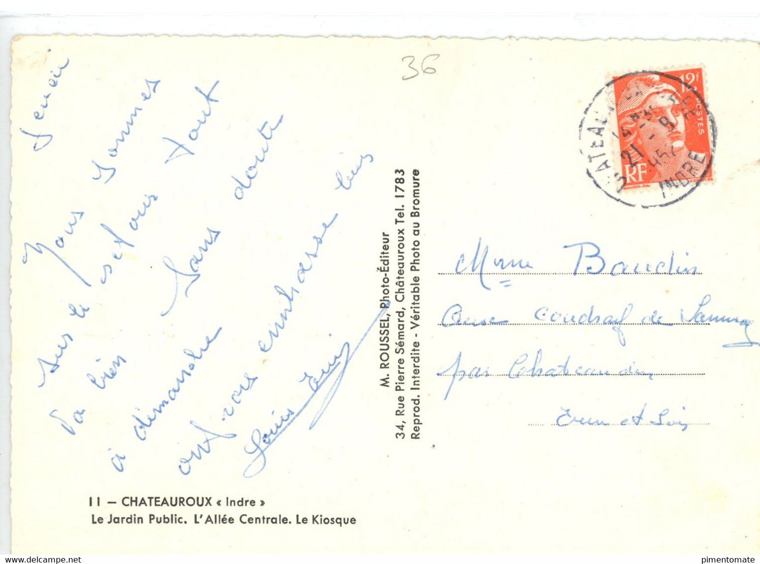 CHATEAUROUX LE JARDIN PUBLIC L'ALLEE CENTRALE LE KIOSQUE 1952 - Chateauroux