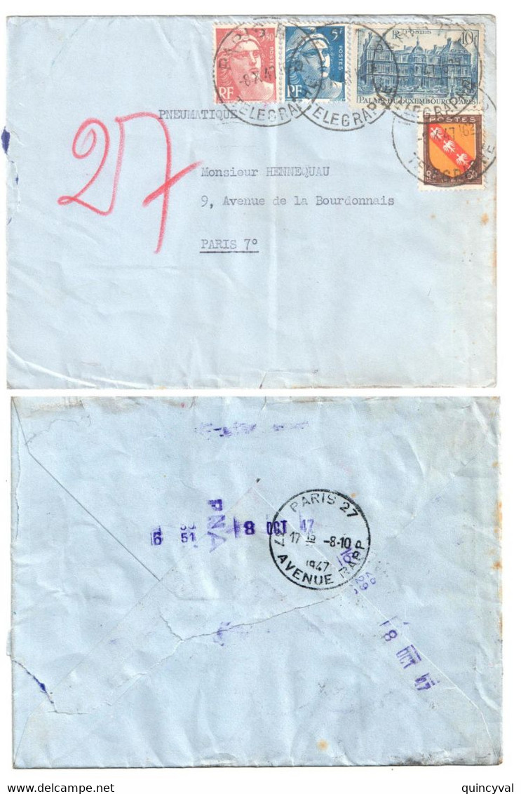 PARIS RP TELEGRAPHE Lettre Pneumatique Gandon 3,50 F 5F 10F Luxembourg 50c Lorraine Yv 716B 719B 760 757 Ob 1947 PNA - Covers & Documents