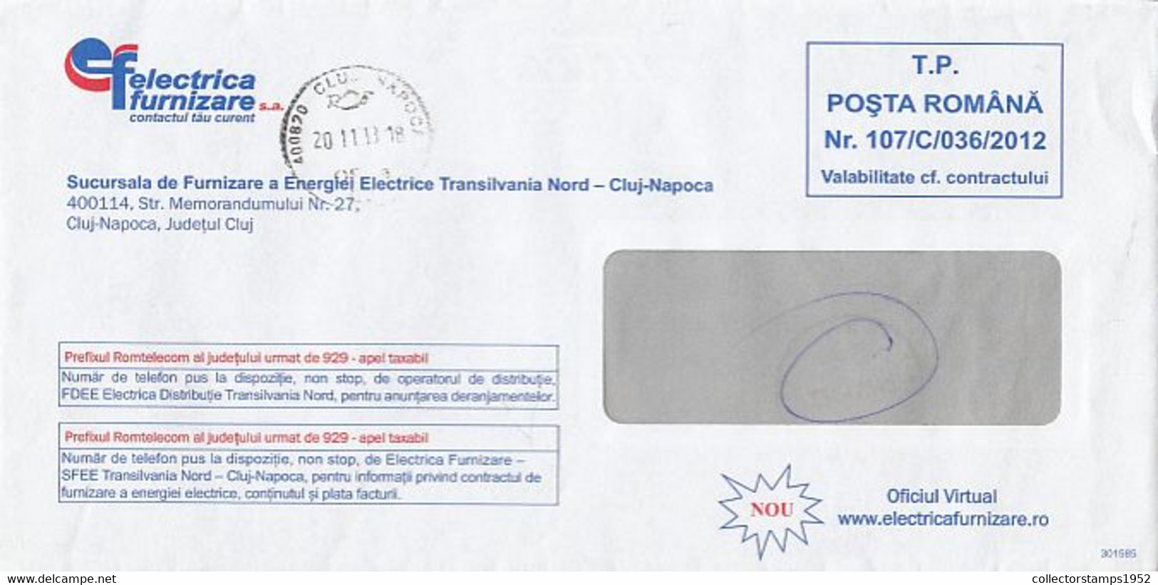 8722FM- ELECTRIC COMPANY HEADER PREPAID COVER, 2013, ROMANIA - Covers & Documents