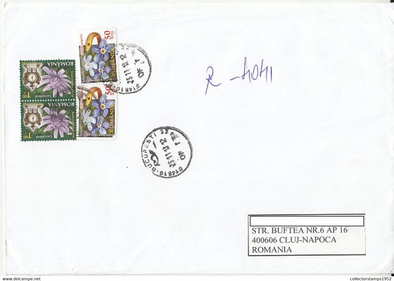 8727FM- FLOWERS, CLOCK STAMPS ON REGISTERED COVER, 2013, ROMANIA - Lettres & Documents