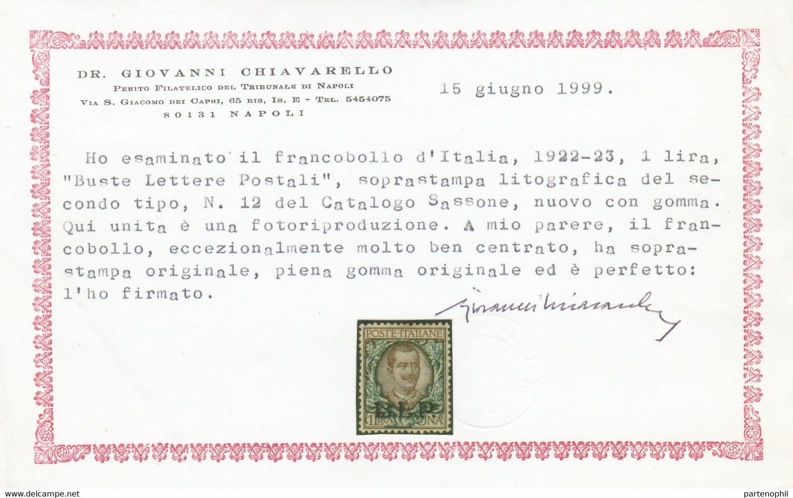 Regno D'Italia - 102 ** - BLP - 1922-23 - Lire 1 Bruno Verde N. 12, Molto Fresco Con Ottima Centratura. - Francobolli Per Buste Pubblicitarie (BLP)