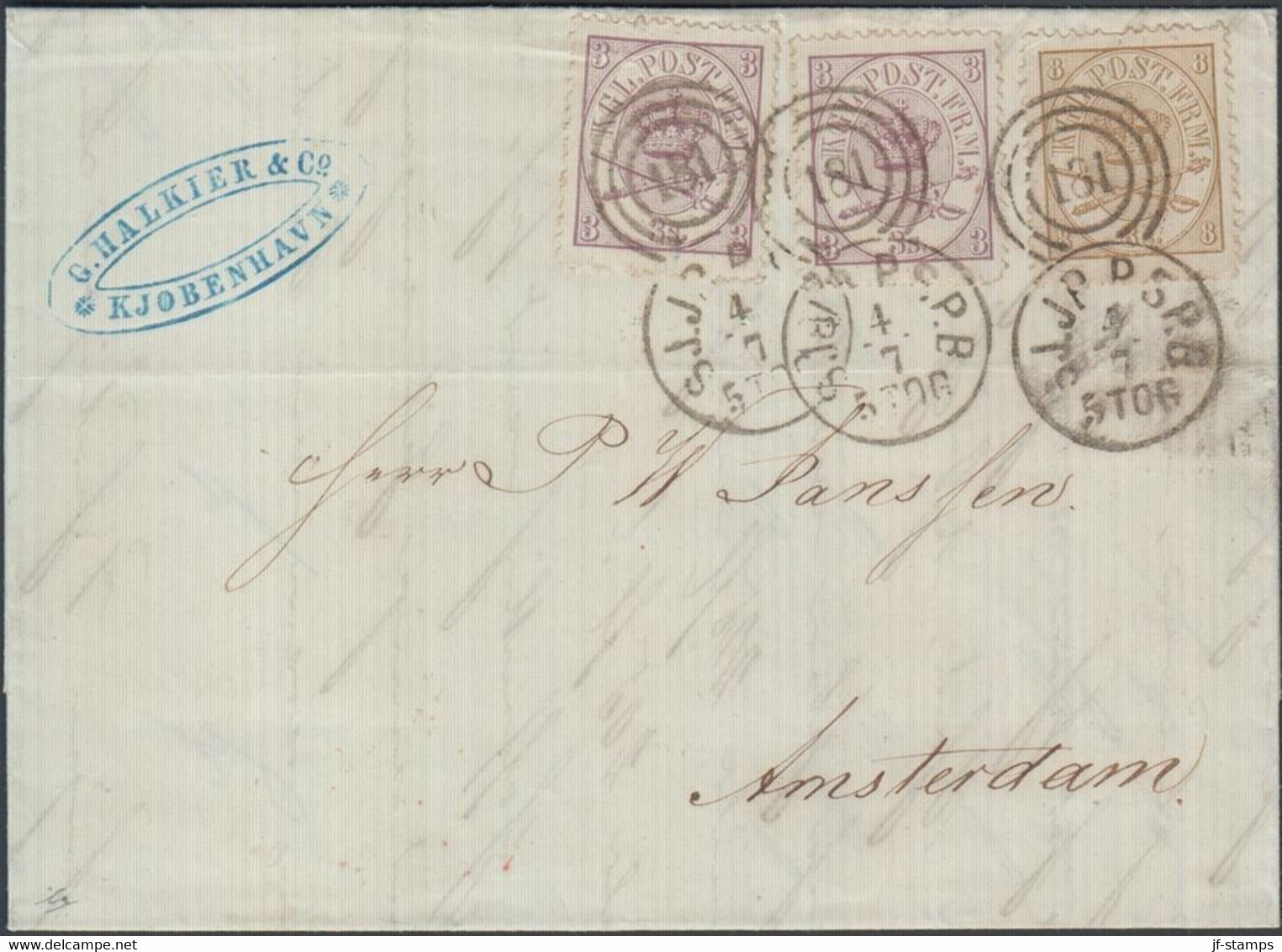 1868. DANMARK. Large Oval Type.__ 8 Skilling Yellow-brown (1st Print) + 2 Ex 3 Skilli... (Michel 14A+) - JF425525 - Lettres & Documents
