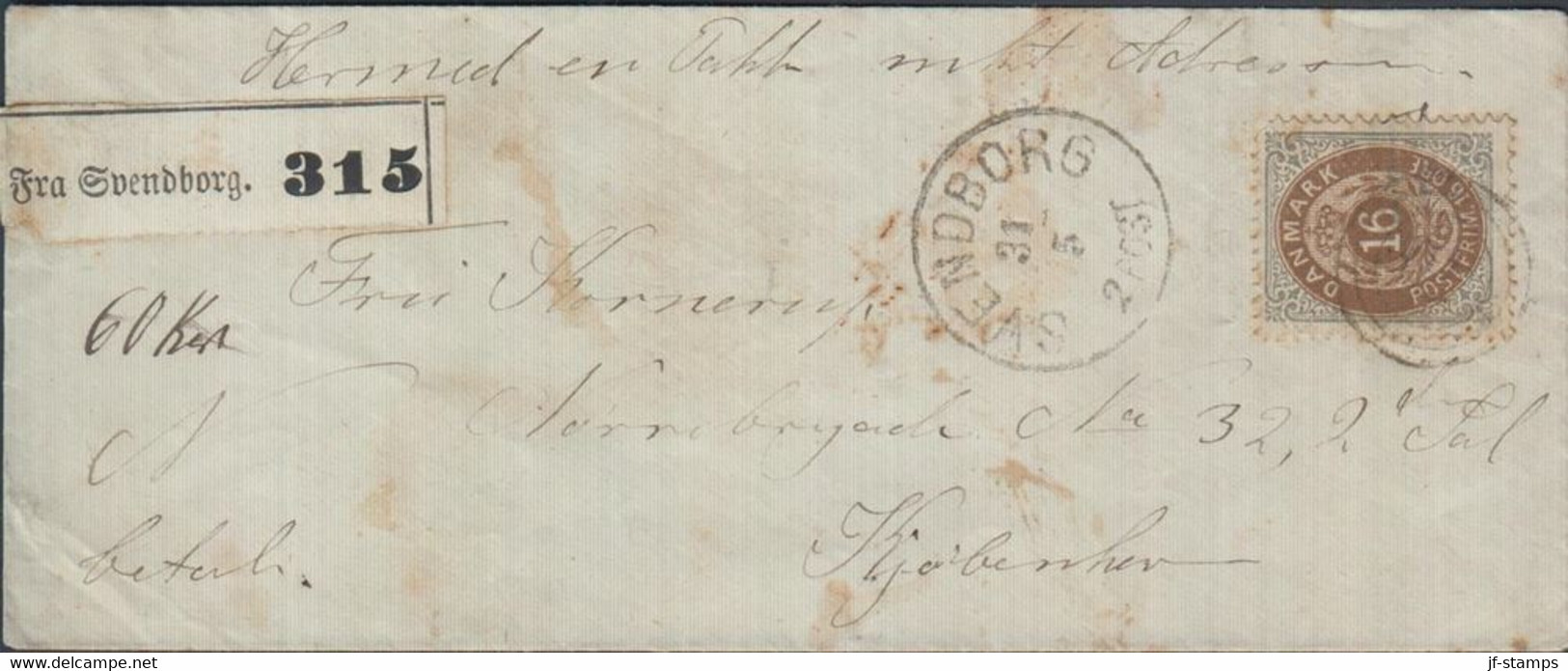 1875. DANMARK. Tofarvet.__ 16 Øre Grå/brun. Tk. 14, Normal Frame On Envelope From SVE... (Michel 27Ia) - JF425528 - Lettres & Documents