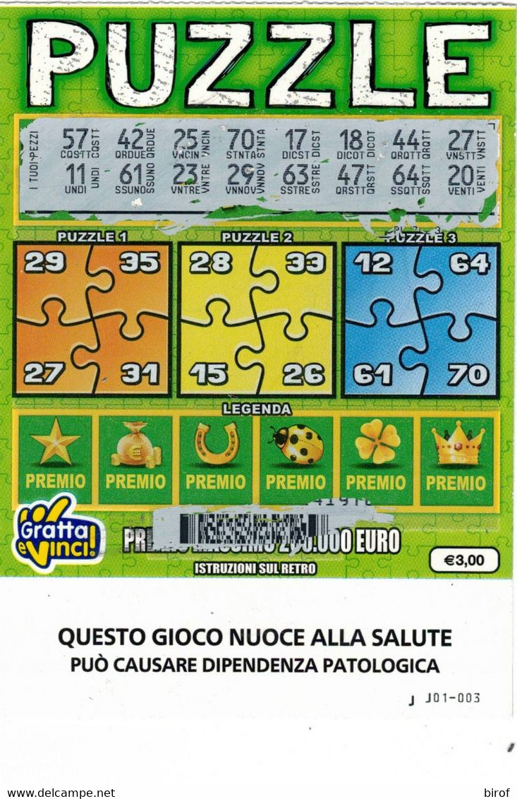 GRATTA E VINCI - PUZZLE € 3.00 - SERIE 3021 SIGLA  JJ -  USATO - Biglietti Della Lotteria