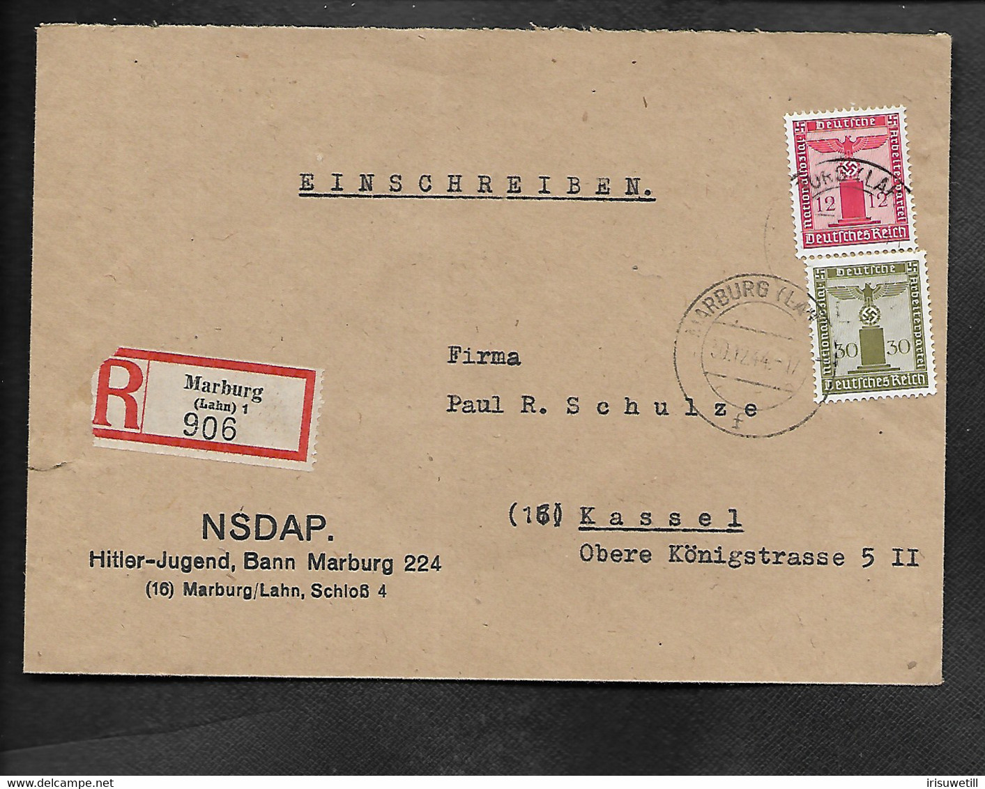 DR R-Brief NSDAP Hitler-Jugend Bann Marburg - Militaria