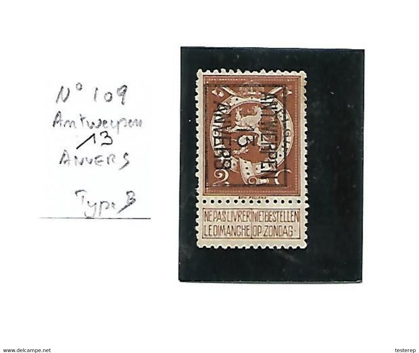 Preo N° 109 2 Ct ANTWERPEN 13 ANVERS Type B - Typos 1912-14 (Lion)