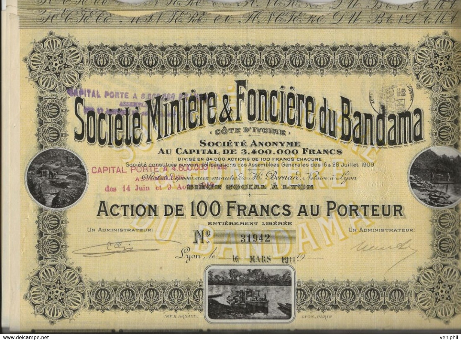 SOCIETE MINIERE ET FONCIERE DU BANDAMA - LOT DE 10 ACTIONS DE 100 FRS - ANNEE 1910 - Mijnen