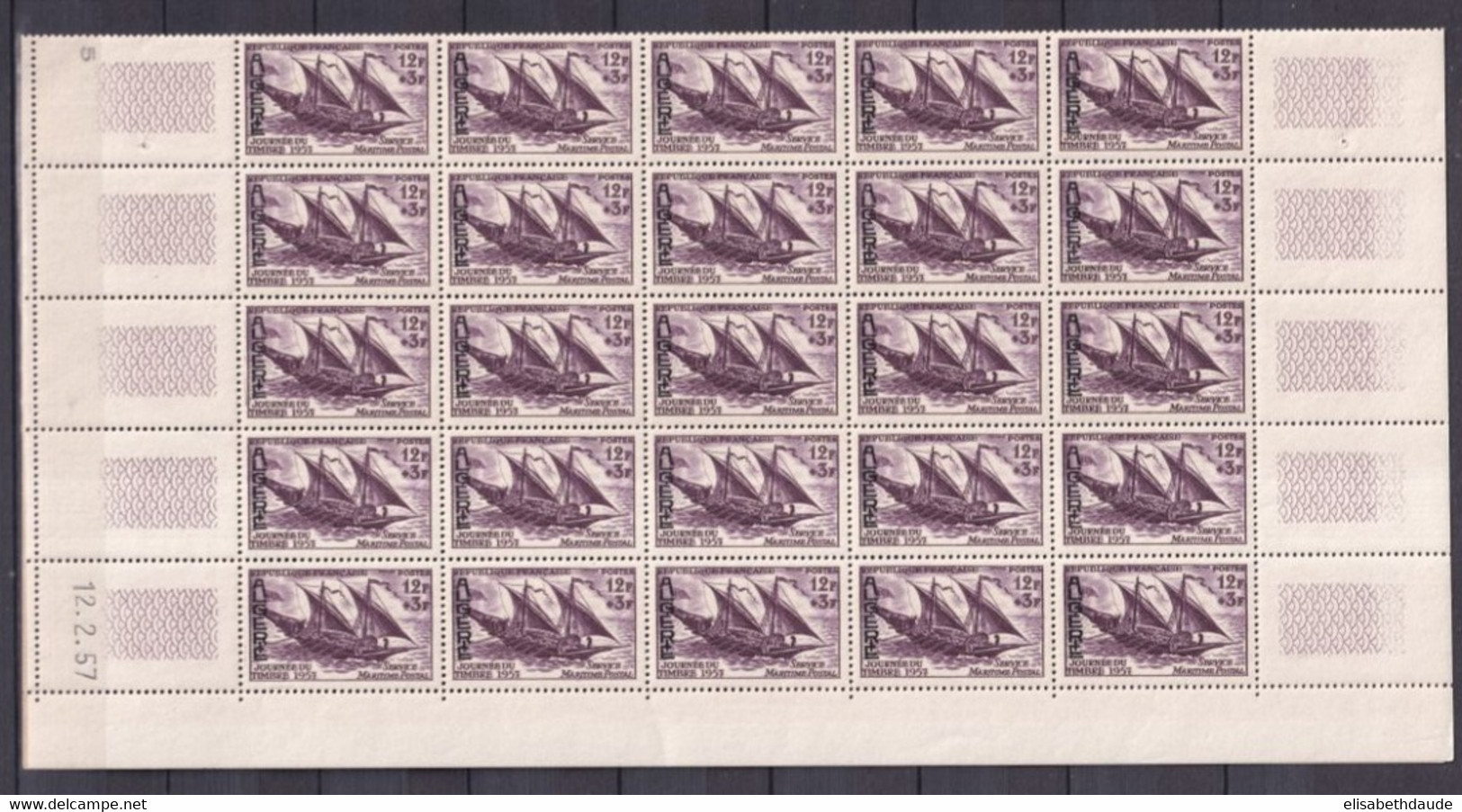 ALGERIE - 1957 - FEUILLE COMPLETE De 50 ! (PLIEE EN 2) JOURNEE DU TIMBRE - YVERT N° 342 ** MNH - COIN DATE - Unused Stamps