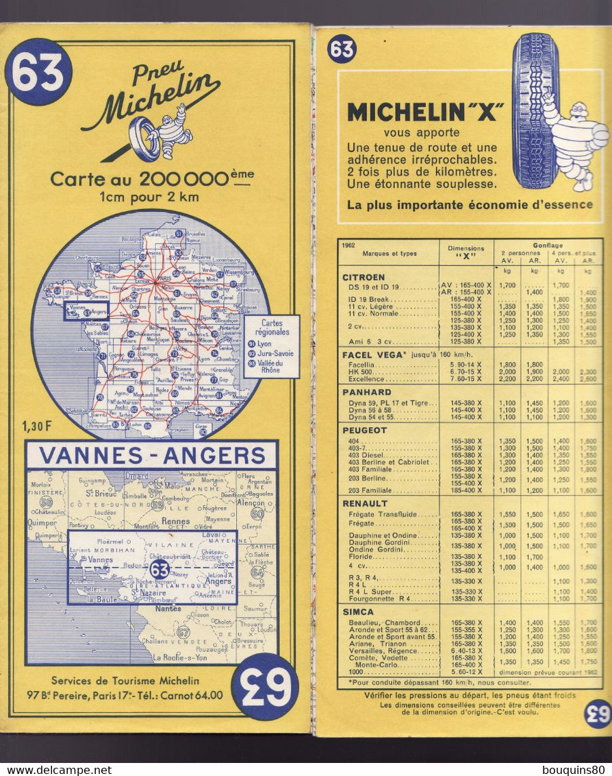 CARTE MICHELIN N°63 VANNES ANGERS 1962 - Carte Stradali